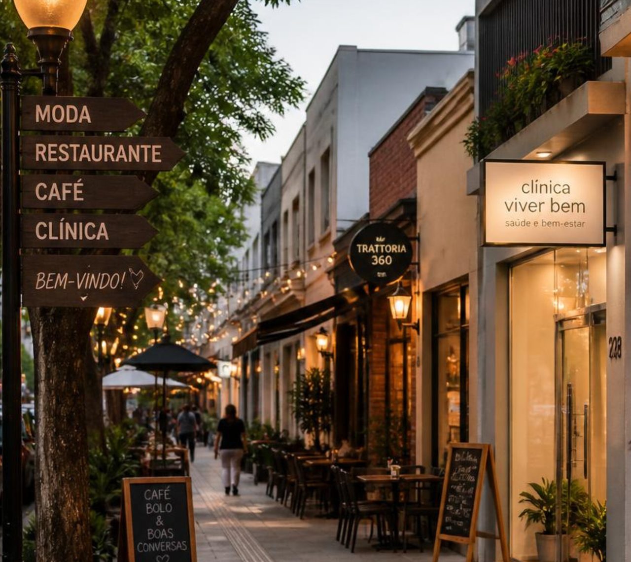 Rua comercial com loja de moda, restaurante, café e clínica