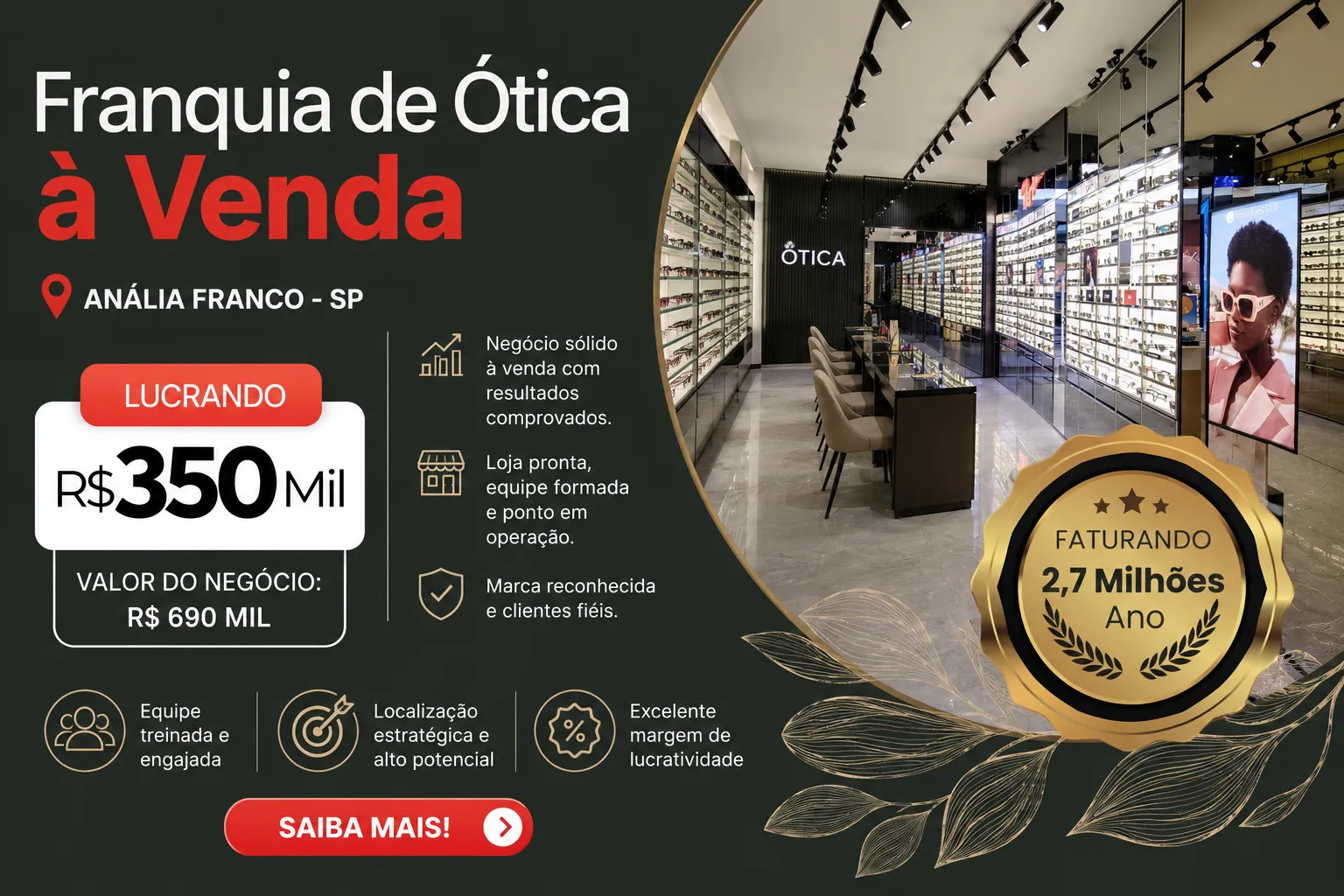 Loja de Óptica no Shopping Anália Franco – Valor de Venda R$ 690.000,00