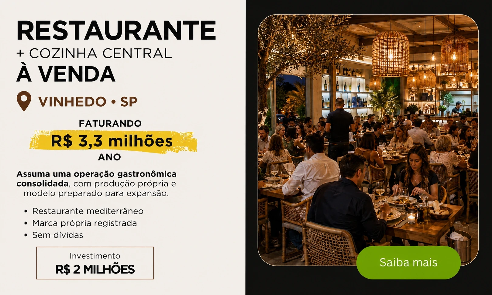 Restaurante Mediterrâneo e Fábrica à Venda em Vinhedo/SP | R$ 2 Milhões