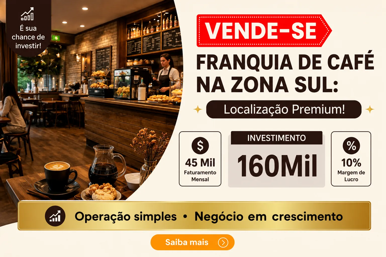Cafeteria Franqueada no Brooklin à Venda – Invista R$160 mil (Nova Custa R$300 mil)