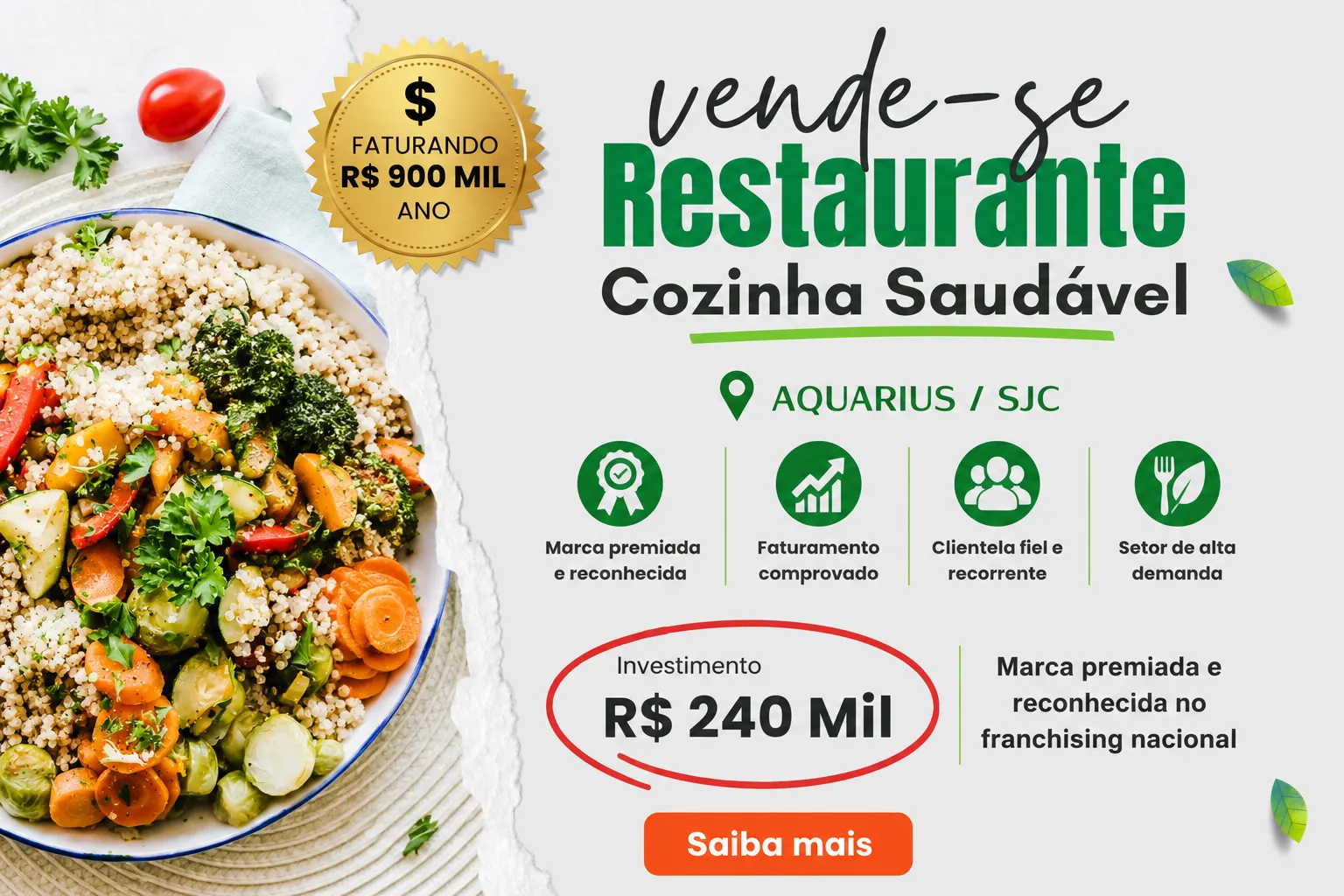 Restaurante saudável à venda no Jardim Aquarius – Faturamento médio R$79 mil/mês por R$240 mil
