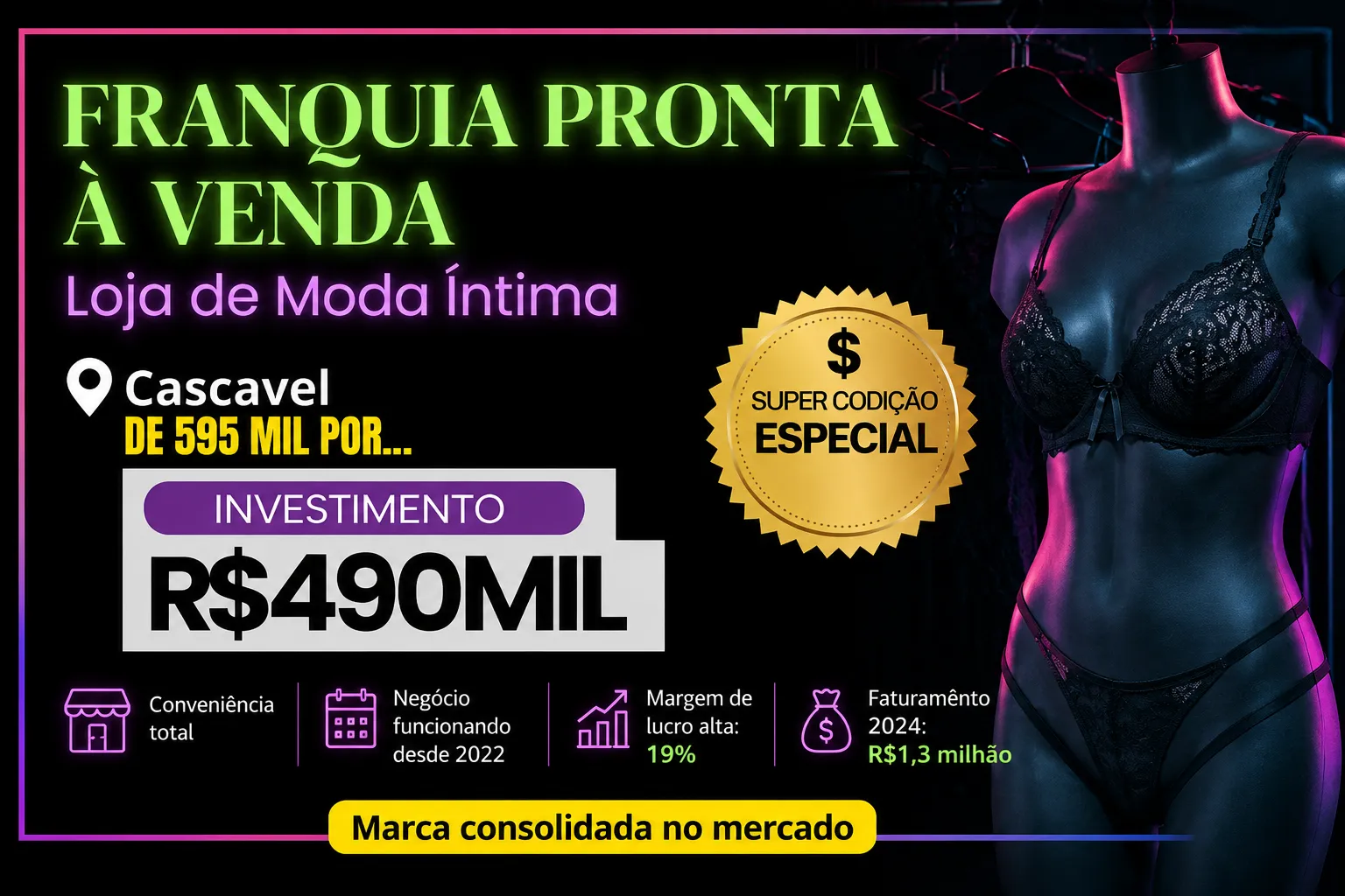 Negócio Pronto para Operar! Loja de Moda Íntima em Shopping à Venda por R$ 490 mil