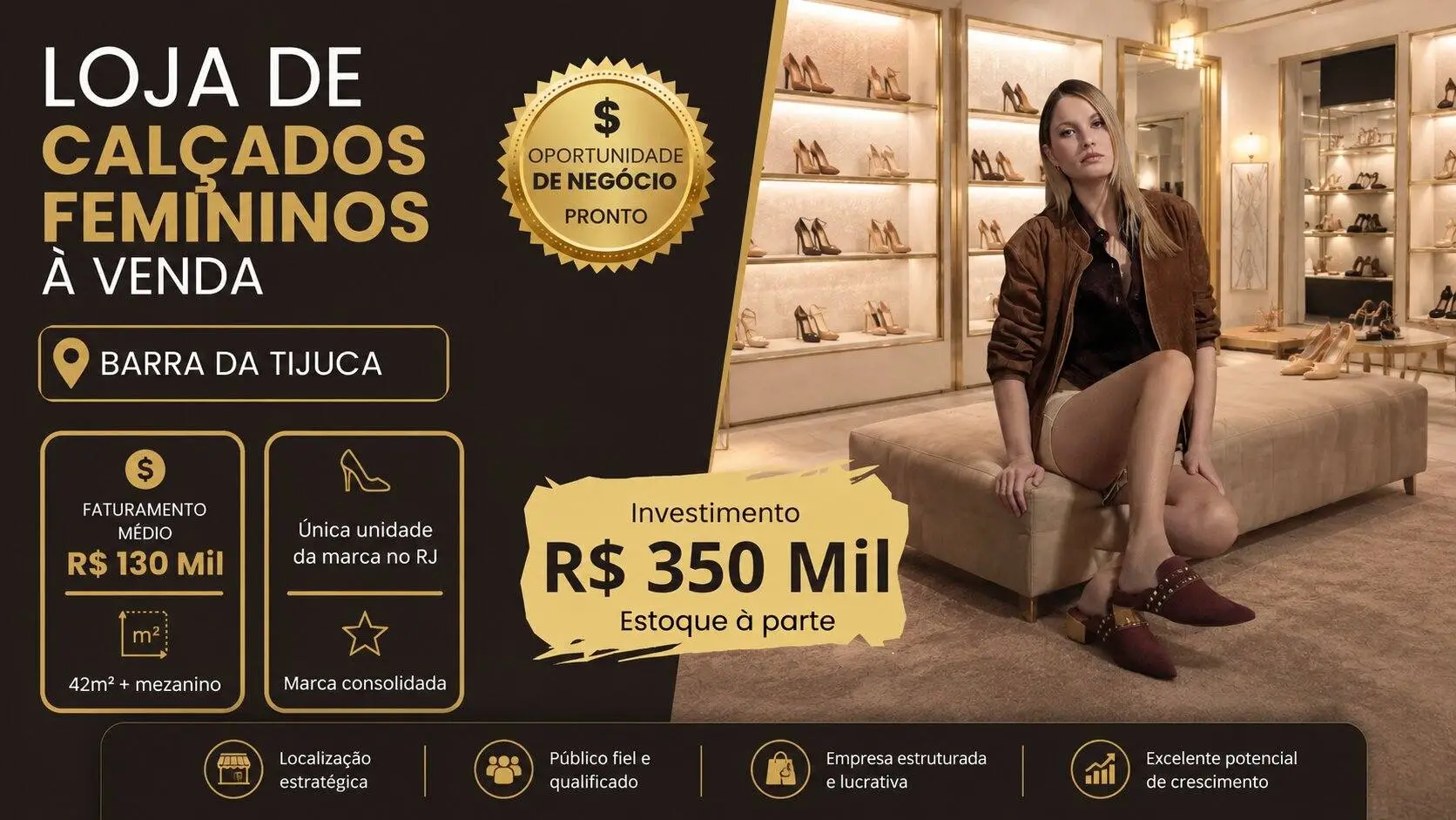 Franquia de Calçados Femininos à Venda | Barra da Tijuca – RJ Ponto Premium em Shopping | Alto Potencial de Expansão | Investimento R$350 mil