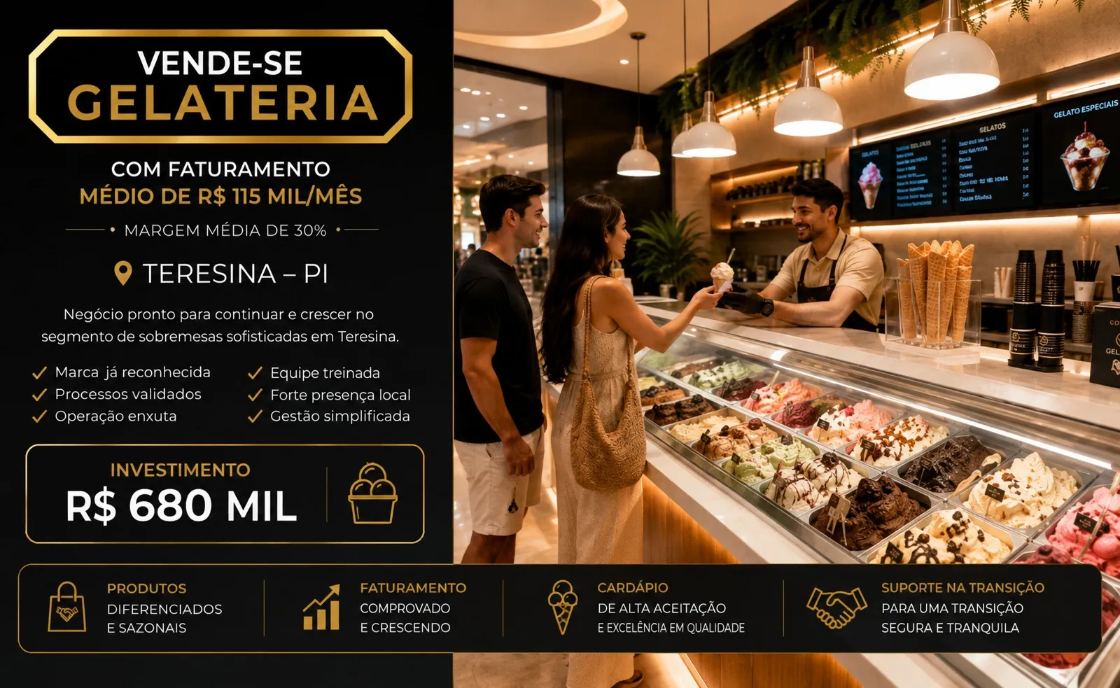 Invista em uma das franquias de gelato mais desejadas do Brasil I Mais de R$ 1,4 milhão faturados no último ano I Operação premium em shopping consolidado