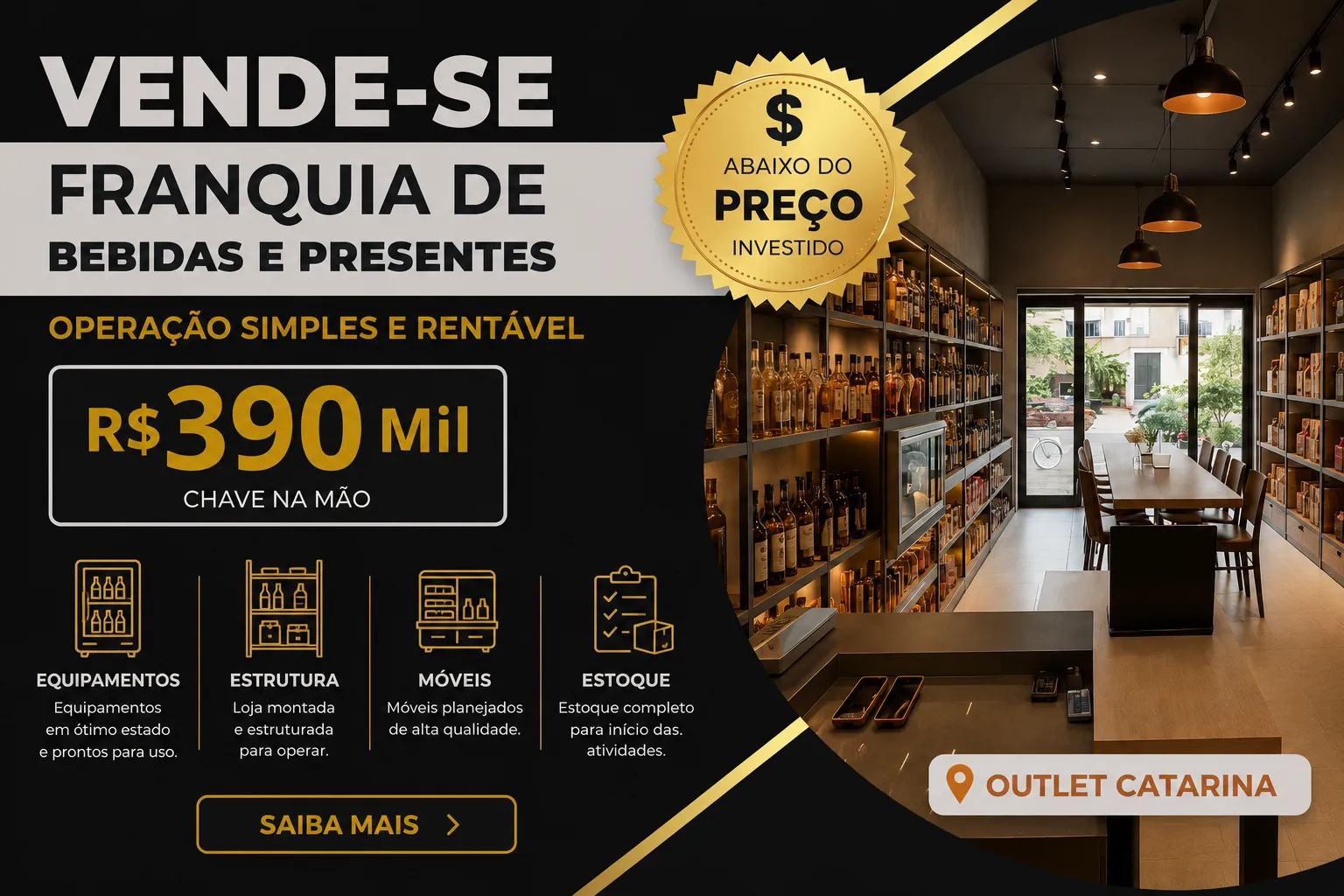 Loja de Bebidas no Catarina Outlet – Faturamento médio de R$ 48 mil/mês e pico de R$ 140 mil. Investimento de R$ 390 mil.