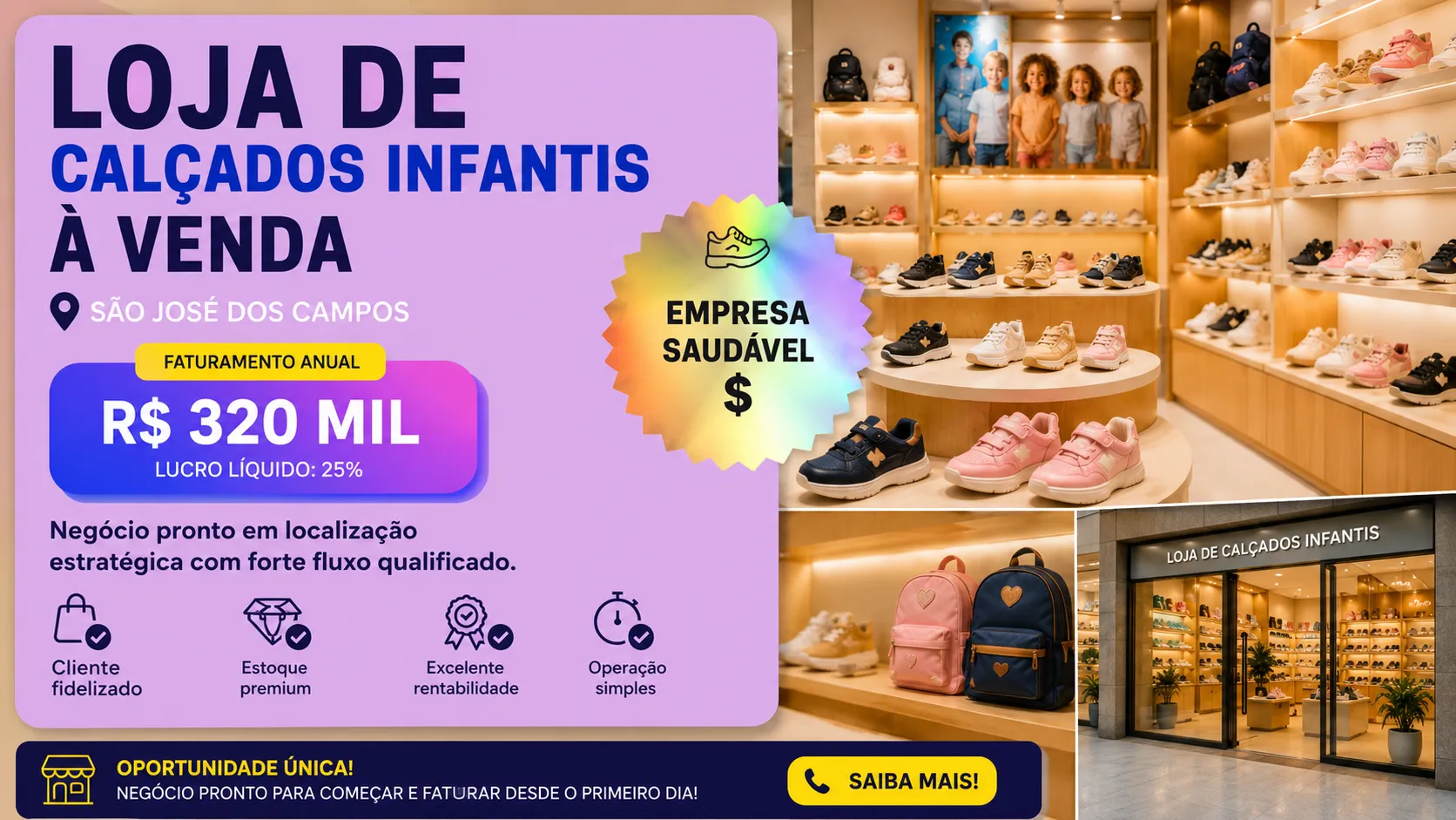 Franquia de Calçados Infantis Líder Regional à Venda no Centervale Shopping Única Operação do Segmento na Região | Loja Consolidada  | R$ 320 Mil
