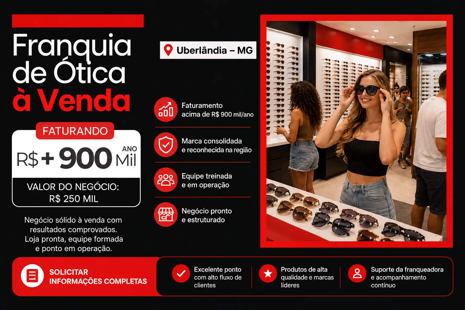 Loja de Ótica Franqueada à Venda em Shopping Classe A – Uberlândia | R$ 250.000,00