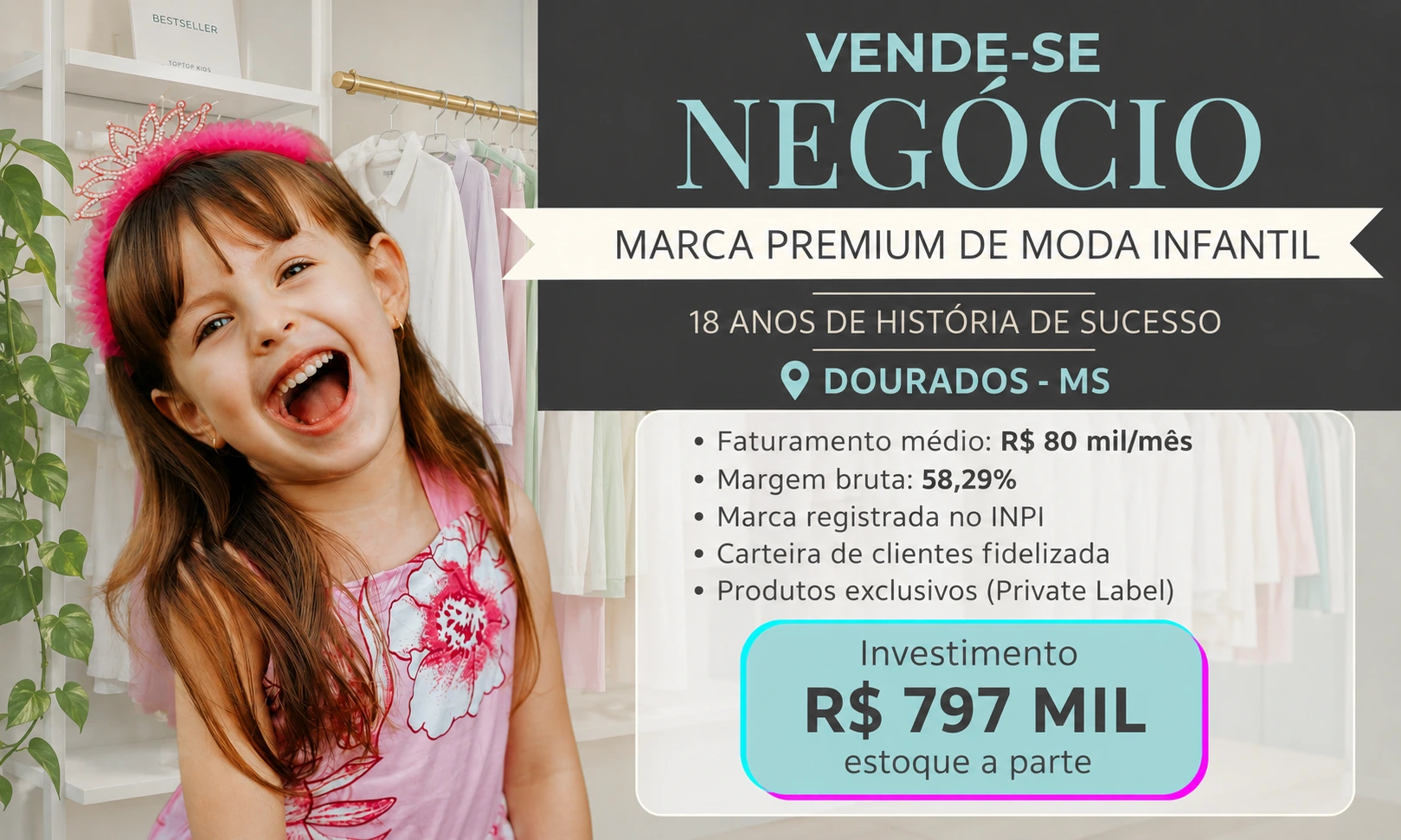 Loja de Moda Infantil Premium à Venda em Dourados/MS | Marca Própria Consolidada | R$ 797 Mil