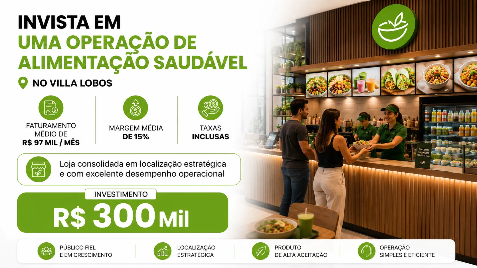 (VENDIDA) Franquia de Alimentação Saudável no Shopping Villa-Lobos | Operação Consolidada e Lucrativa Faturamento Médio de R$ 90 Mil/Mês