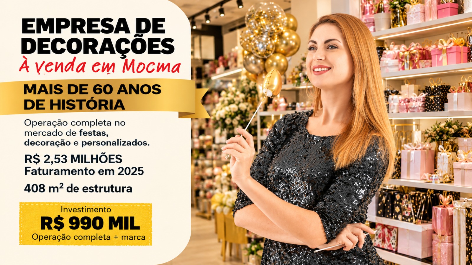 Empresa de decorações a venda em Moema - SP | Operação Completa | Investimento de R$990 mil