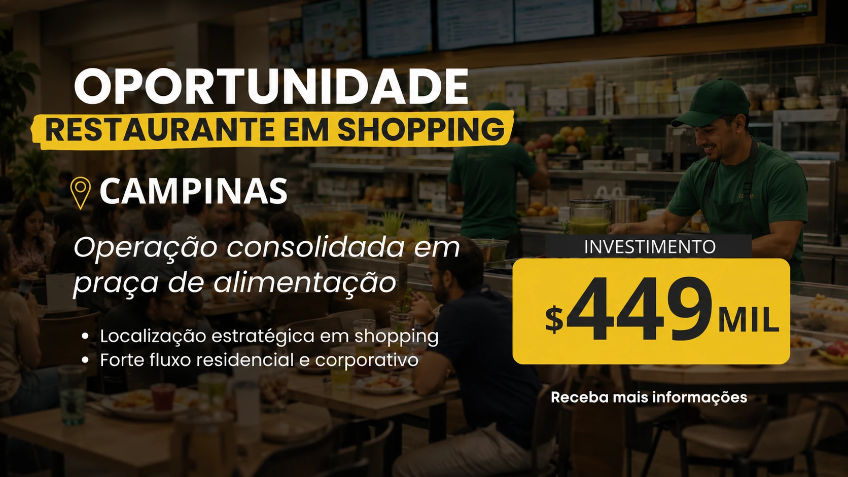Franquia de Alimentação Saudável à Venda em Campinas Shopping Prado Boulevard | Operação Consolidada | R$ 449 mil