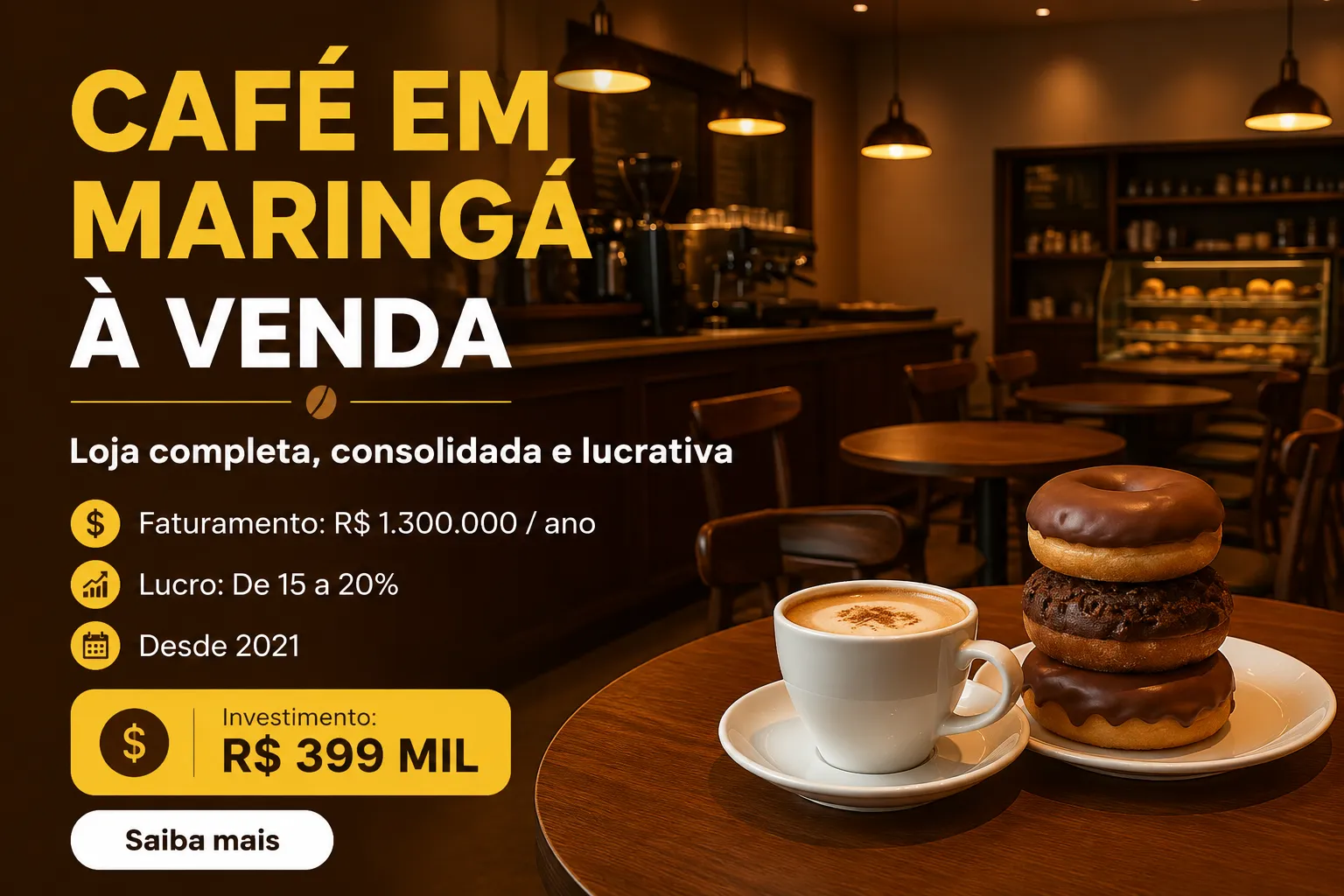 Faturamento alto e marca consolidada: Café + Donuts em Maringá – R$399 mil!